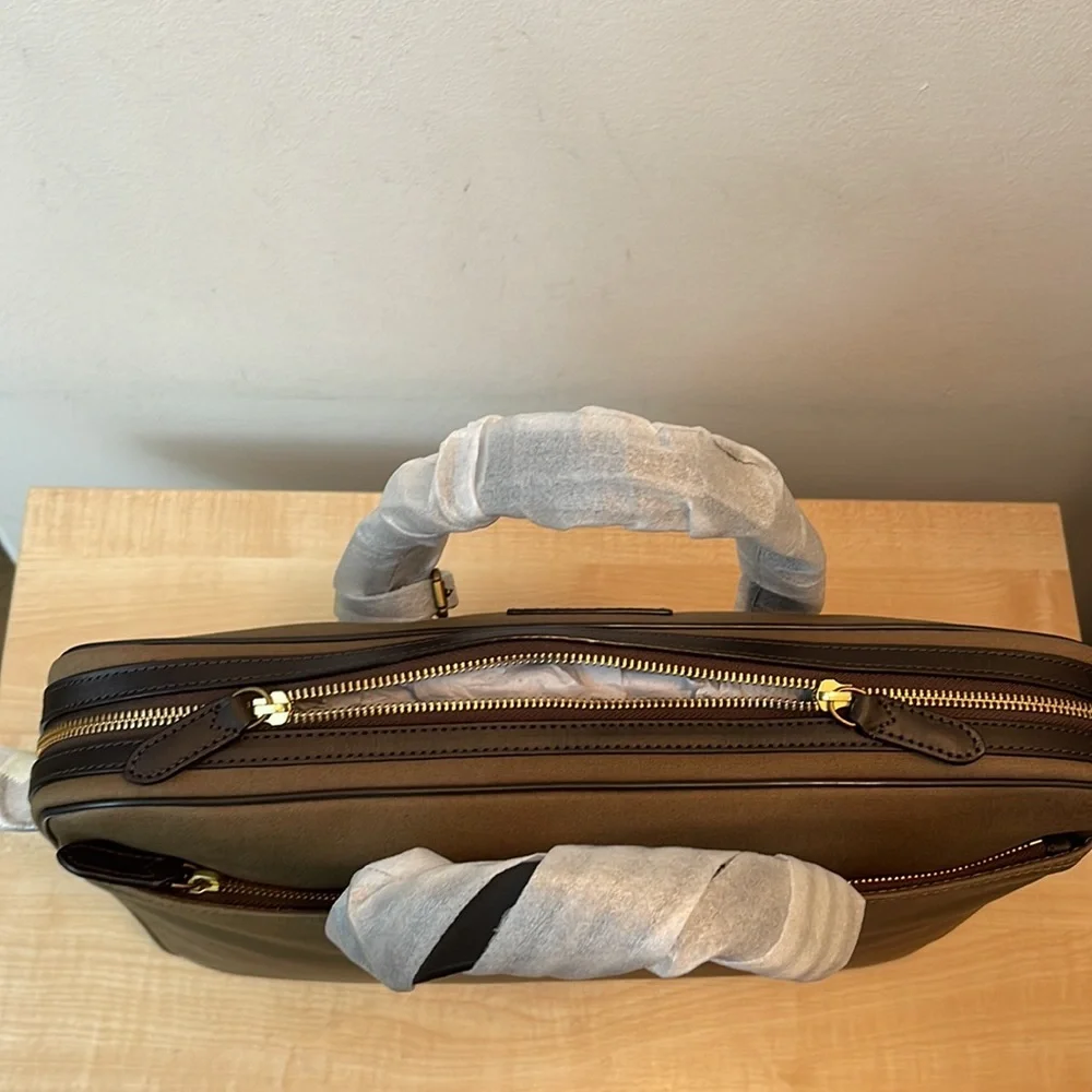 Polo Leather Trim Canvas Briefcase w/Leather ID Tag & Adj. Removeable Strap